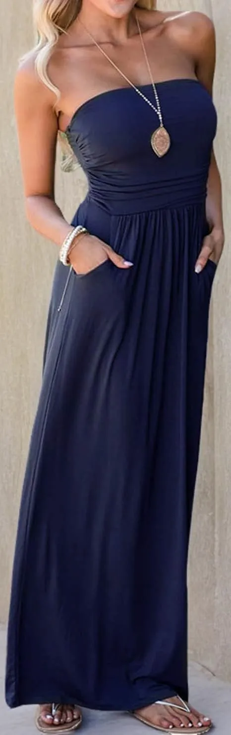PRIMODA Womens Strapless Tube Top Maxi Dress Floral Boho Beach Dress with Pockets