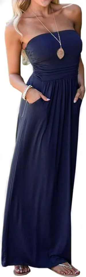 PRIMODA Womens Strapless Tube Top Maxi Dress Floral Boho Beach Dress with Pockets