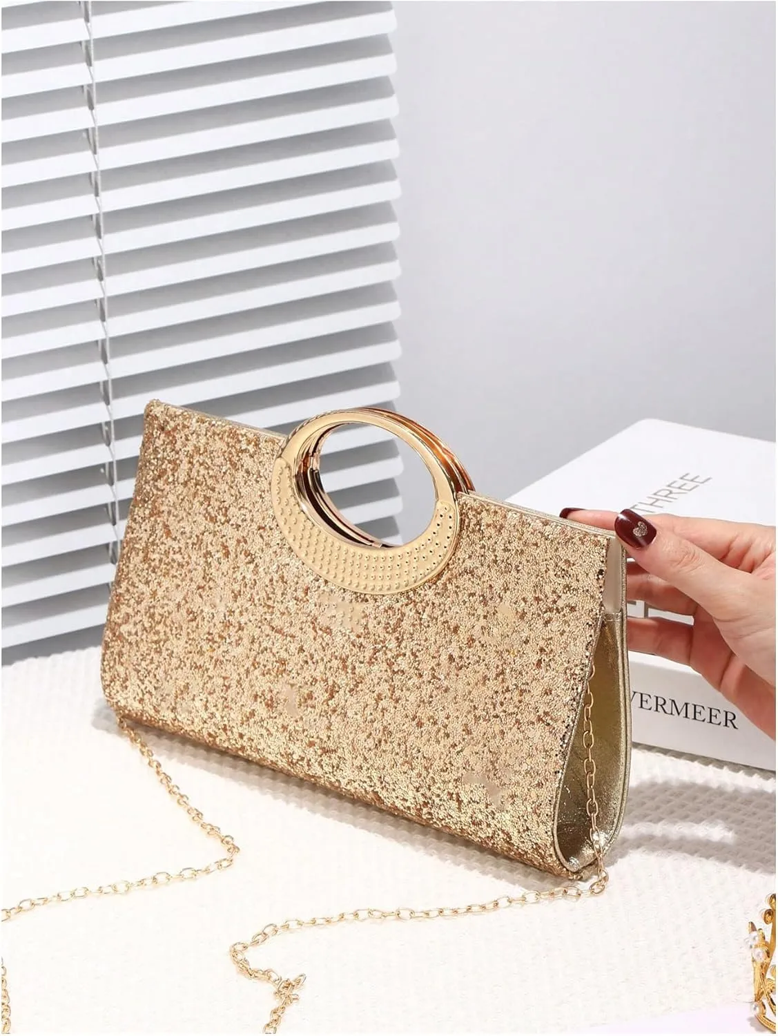QWINEE Women's Glitter Evening Clutch Handbags Rhinestone Top Handle Party Crossbody Bag