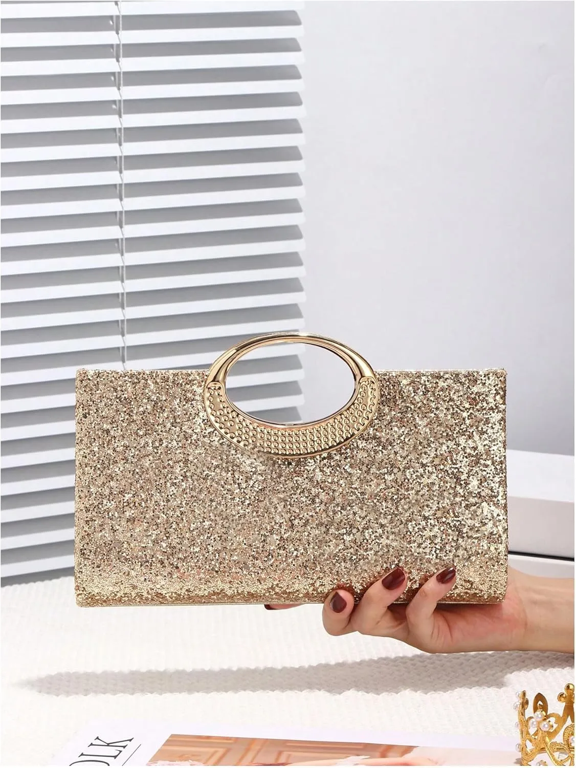 QWINEE Women's Glitter Evening Clutch Handbags Rhinestone Top Handle Party Crossbody Bag