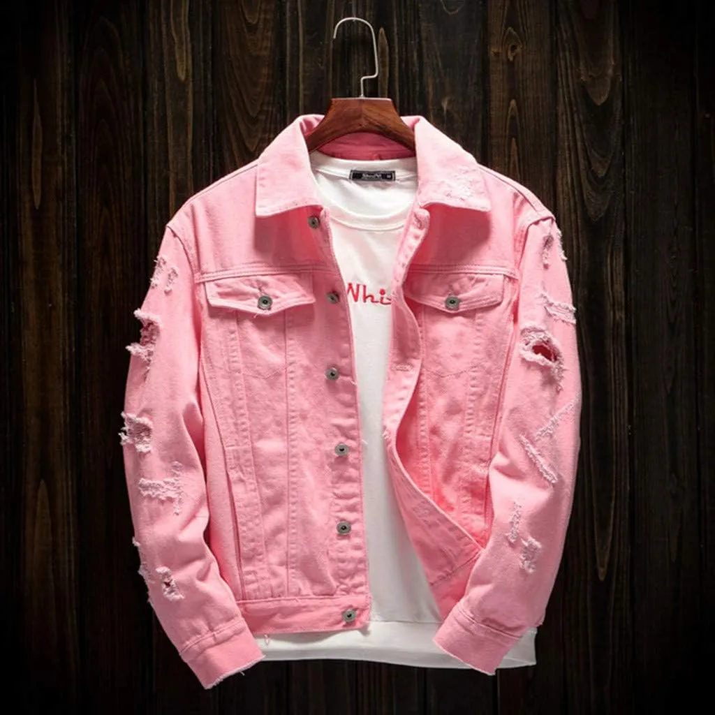 Ripped Denim Jacket for Men Hippie Style Winter Cardigan Top Fall Stylish Streetwear