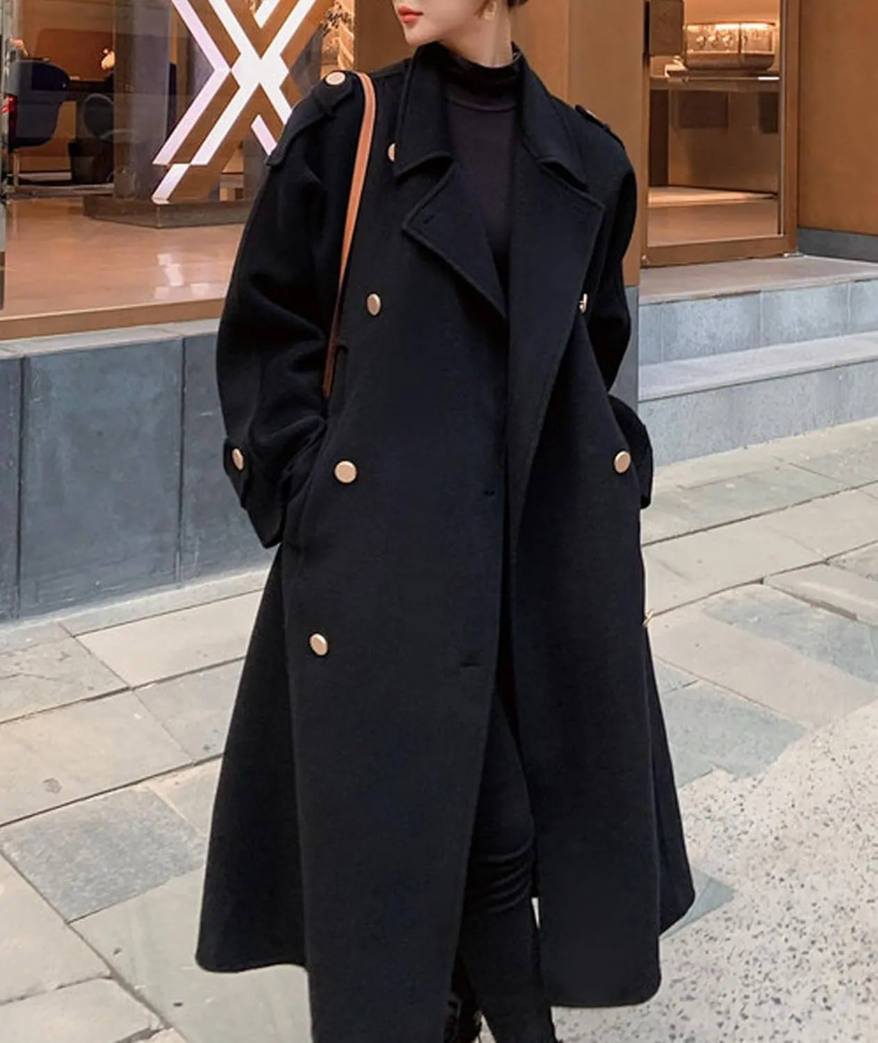 Sexyshine Women's Winter Double Breasted Long Pea Coat Notch Lapel Long Sleeve Wool Blend Trench Coat Overcoat