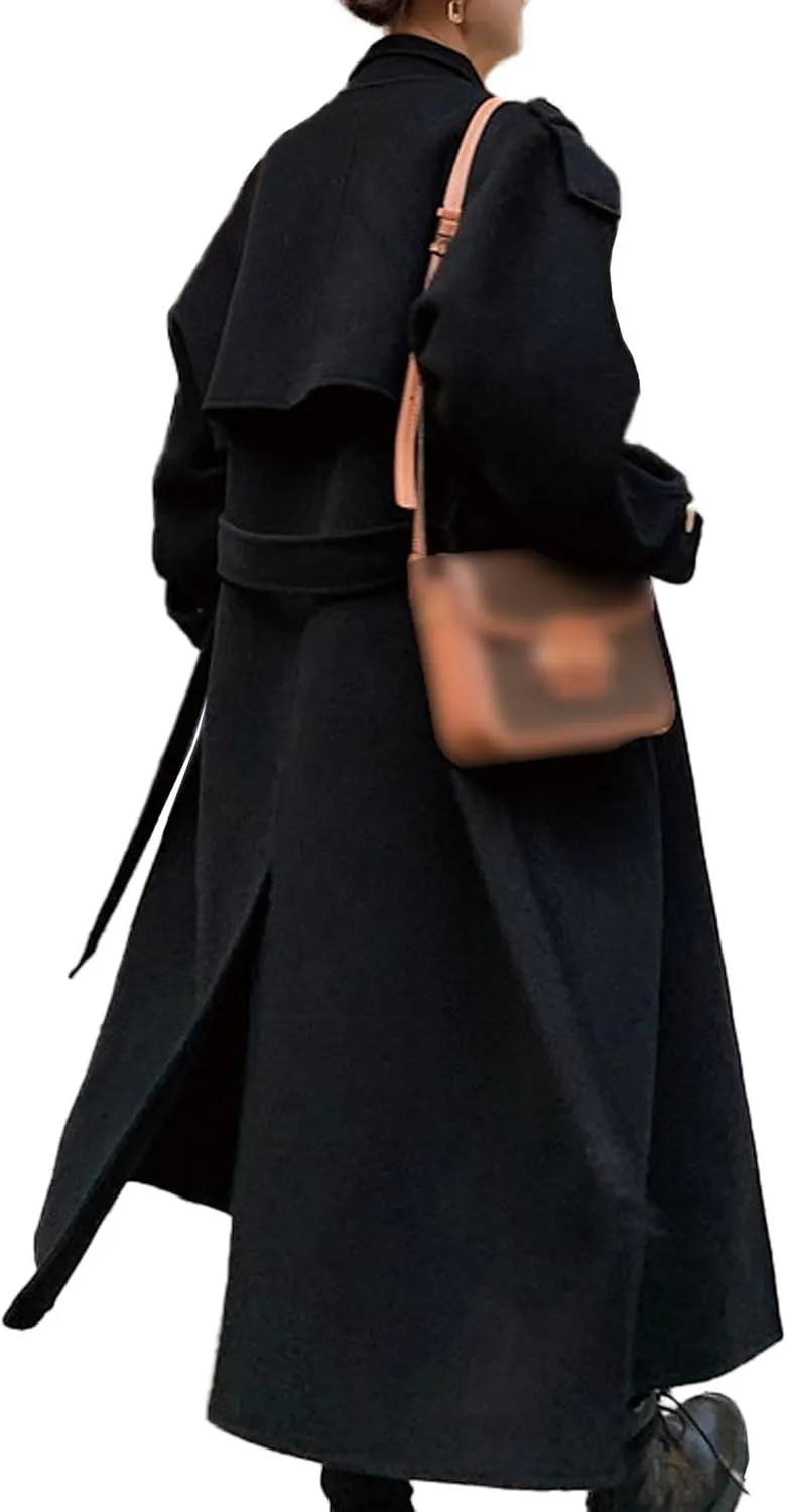 Sexyshine Women's Winter Double Breasted Long Pea Coat Notch Lapel Long Sleeve Wool Blend Trench Coat Overcoat