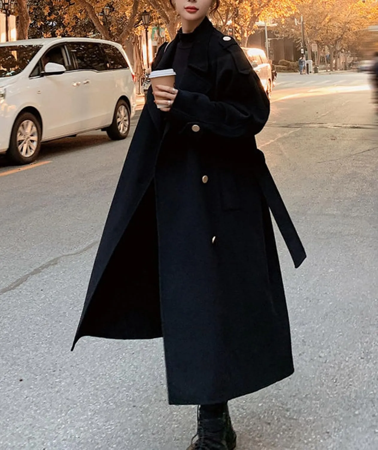Sexyshine Women's Winter Double Breasted Long Pea Coat Notch Lapel Long Sleeve Wool Blend Trench Coat Overcoat