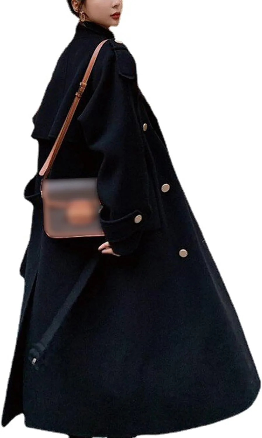 Sexyshine Women's Winter Double Breasted Long Pea Coat Notch Lapel Long Sleeve Wool Blend Trench Coat Overcoat