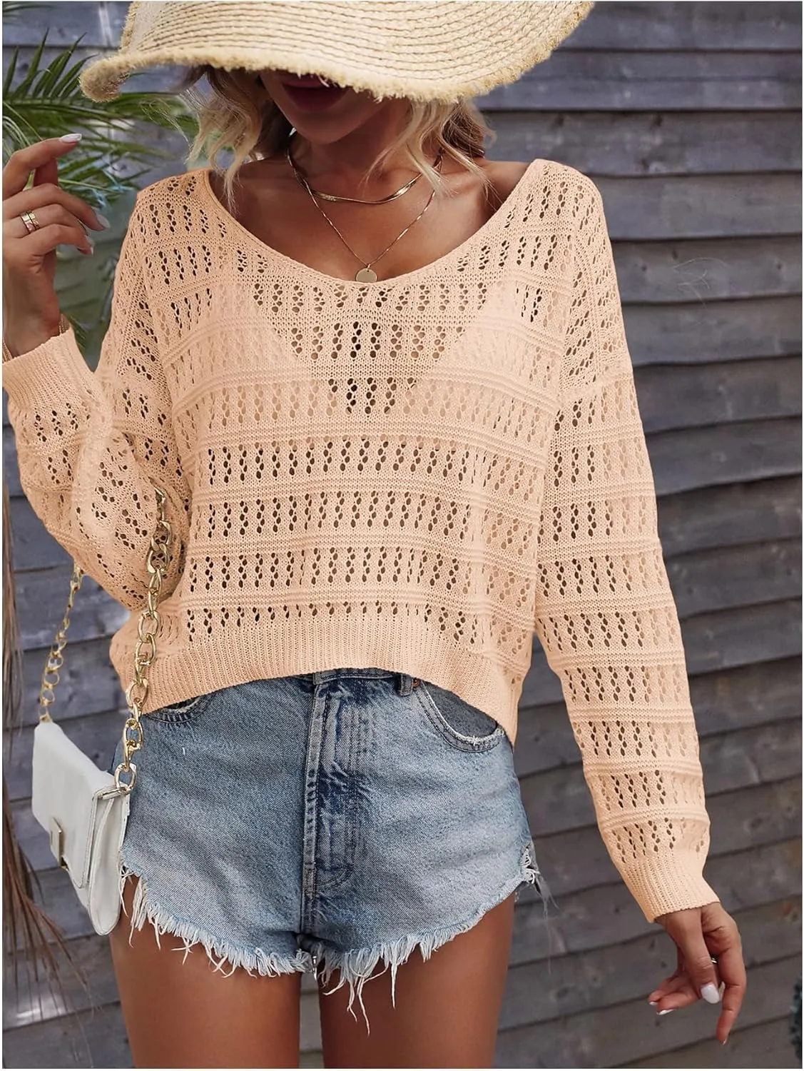 SHENHE Women's Crochet Hollow Out Drop Shoulder Scoop Neck Long Sleeve Sweater Top