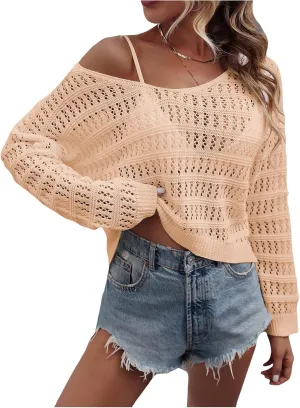 SHENHE Women's Crochet Hollow Out Drop Shoulder Scoop Neck Long Sleeve Sweater Top