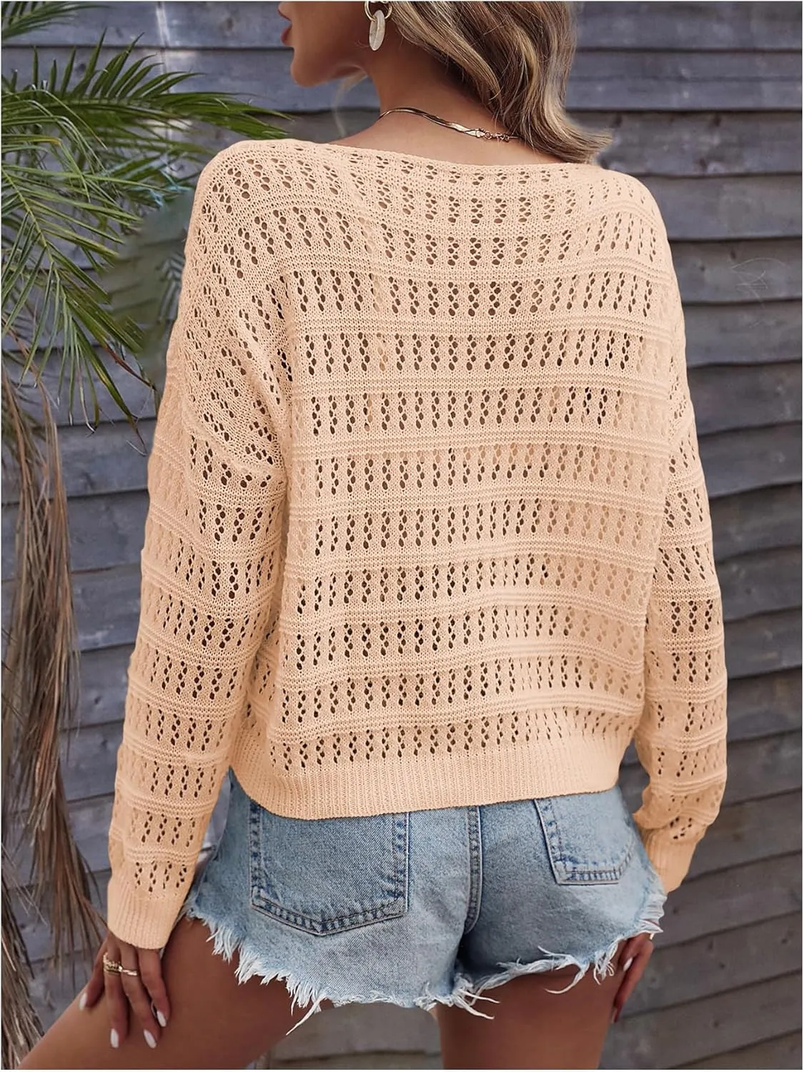 SHENHE Women's Crochet Hollow Out Drop Shoulder Scoop Neck Long Sleeve Sweater Top