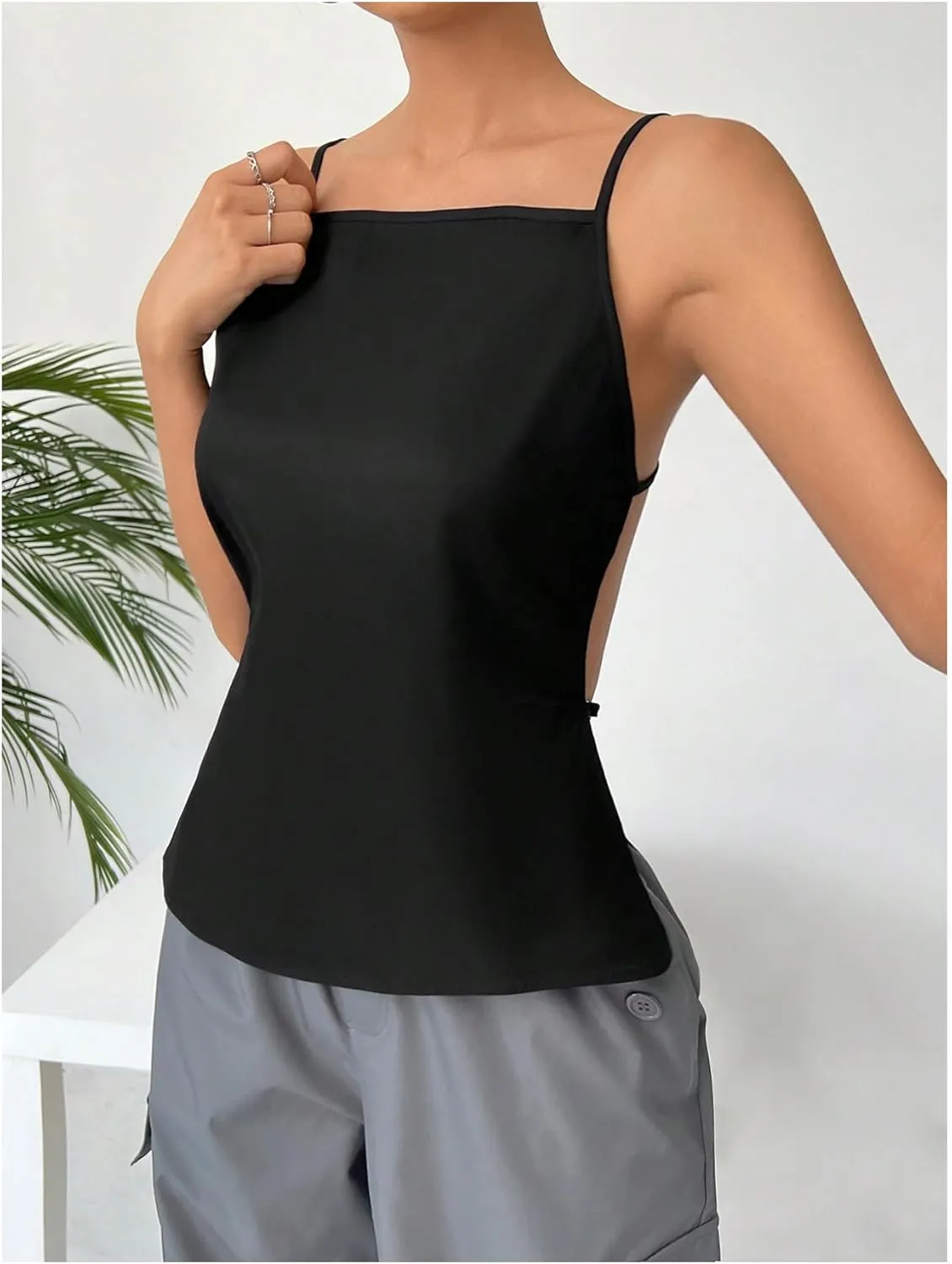 SHENHE Women's Open Back Spaghetti Strap Sexy Backless Strappy Camisole Tank Top