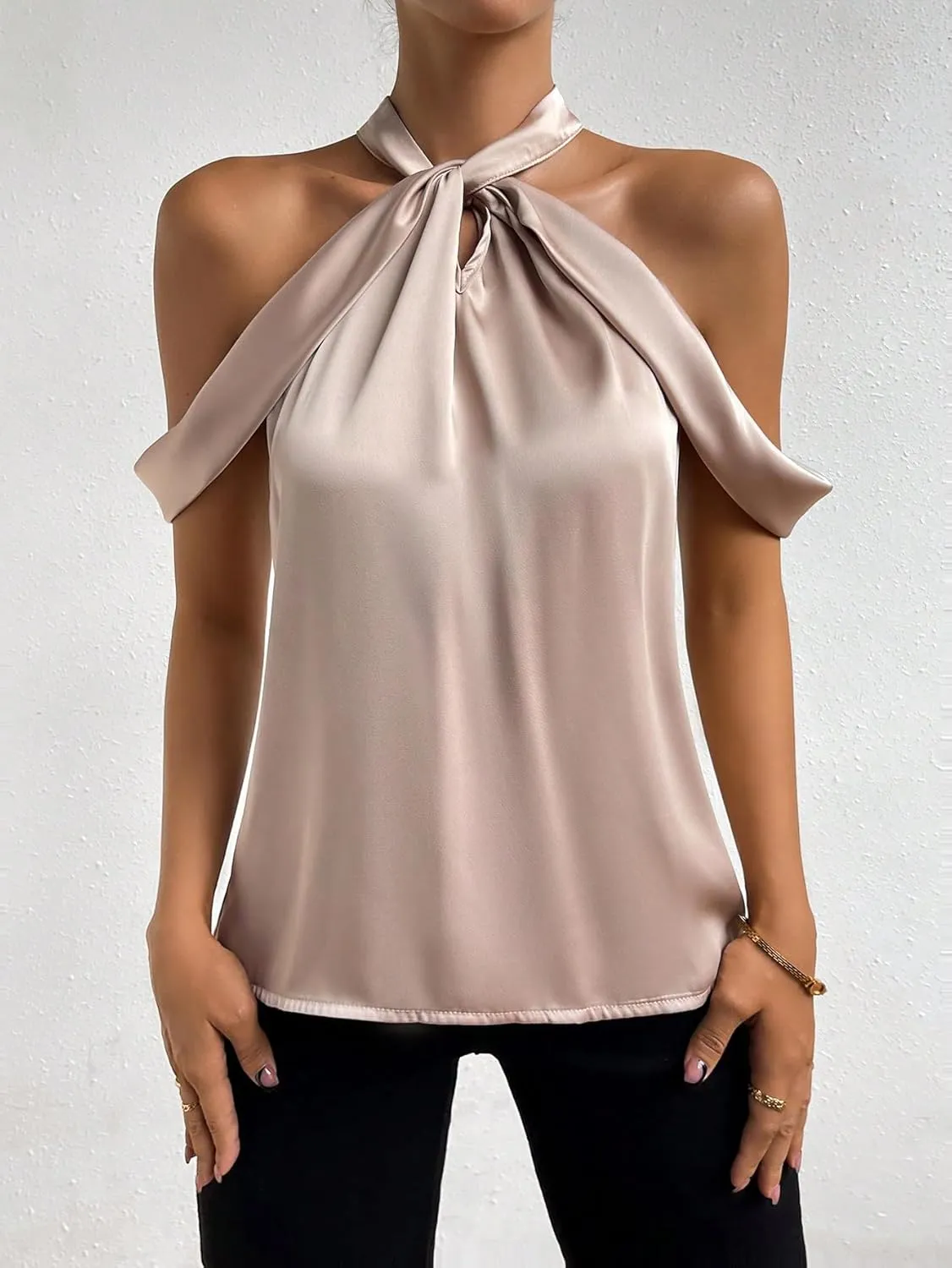 SHENHE Women's Satin Twisted Halter Neck Keyhole Back Sleeveless Elegant Blouse Tank Top