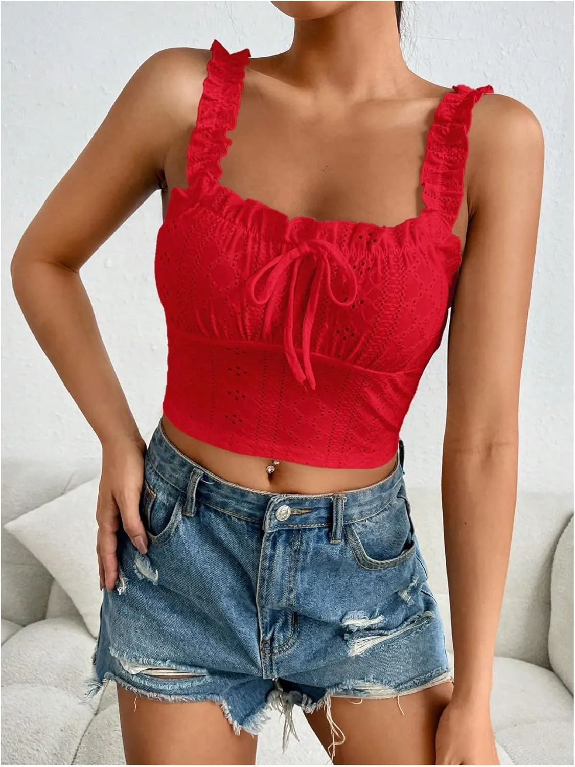 SHENHE Women's Spaghetti Strap Eyelet Embroidery Summer Sleeveless Crop Tank Cute Top
