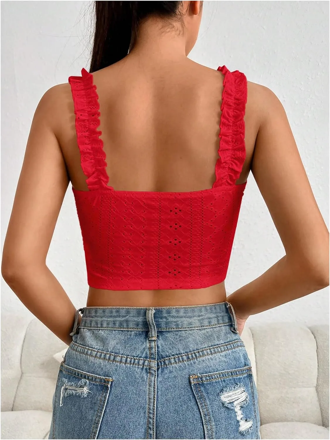 SHENHE Women's Spaghetti Strap Eyelet Embroidery Summer Sleeveless Crop Tank Cute Top