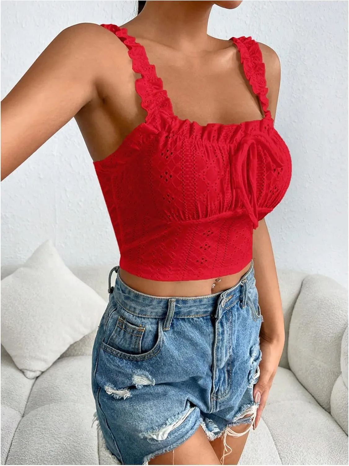 SHENHE Women's Spaghetti Strap Eyelet Embroidery Summer Sleeveless Crop Tank Cute Top