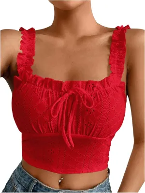 SHENHE Women's Spaghetti Strap Eyelet Embroidery Summer Sleeveless Crop Tank Cute Top