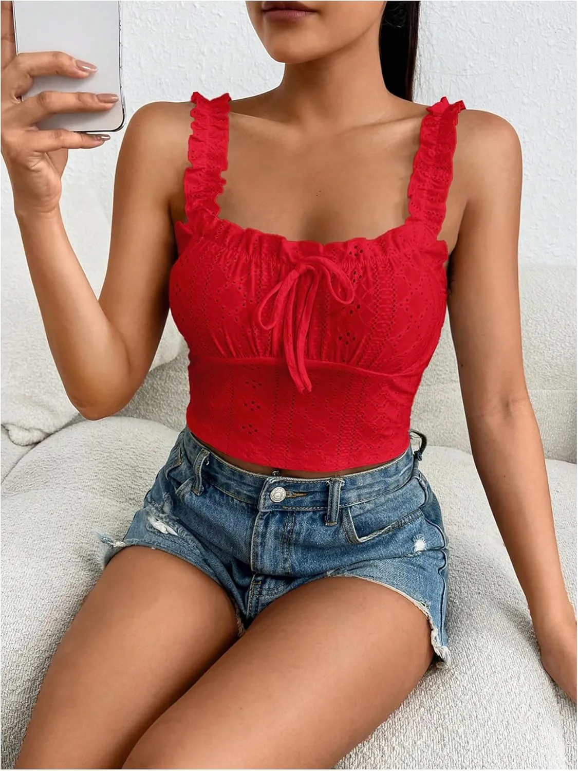 SHENHE Women's Spaghetti Strap Eyelet Embroidery Summer Sleeveless Crop Tank Cute Top