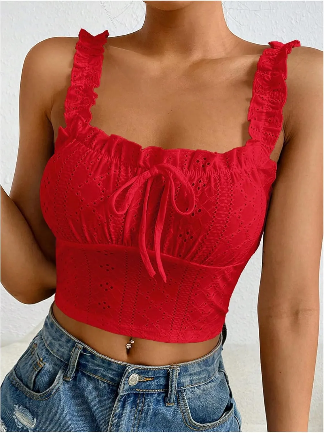 SHENHE Women's Spaghetti Strap Eyelet Embroidery Summer Sleeveless Crop Tank Cute Top