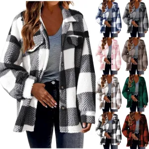 Sherpa Jacket For Women Fuzzy Fleece Winter Coats Plaid Button Down Shacket Casual Warm Teddy Coat Outwear 2023