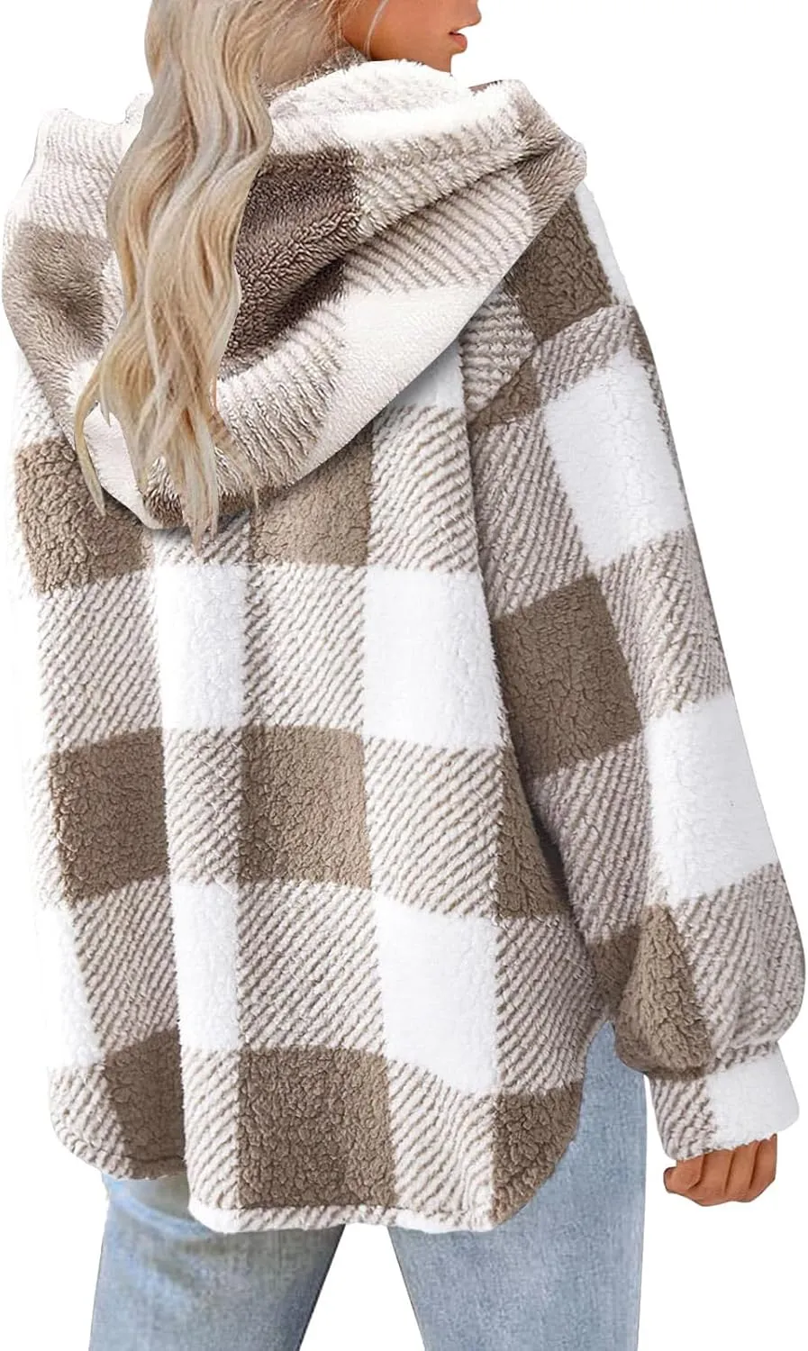 Sherpa Jacket For Women Fuzzy Fleece Winter Coats Plaid Button Down Shacket Casual Warm Teddy Coat Outwear 2023