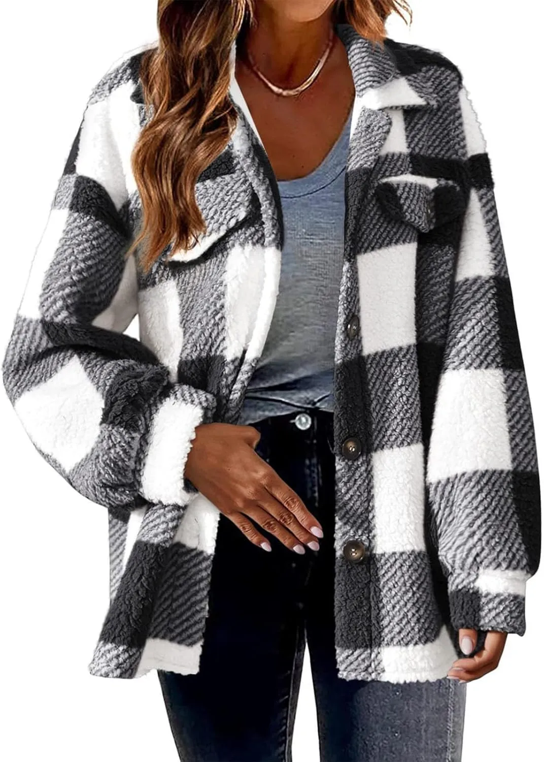 Sherpa Jacket For Women Fuzzy Fleece Winter Coats Plaid Button Down Shacket Casual Warm Teddy Coat Outwear 2023