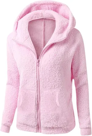 Sherpa Jacket Women Fleece Full Zip Up Hooded Teddy Coats Thermal Long Sleeve Fuzzy Hoodies with Pockets