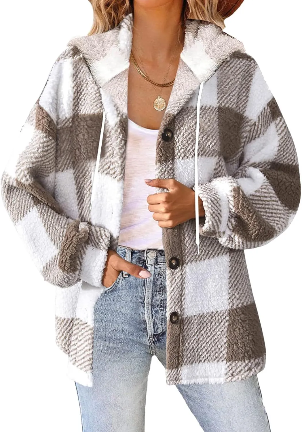 Sherpa Shacket Jackets for Women Winter Long Sleeve Button Hoodies Oversized Fuzzy Fleece Plaid Coat Outdoor Outerwear