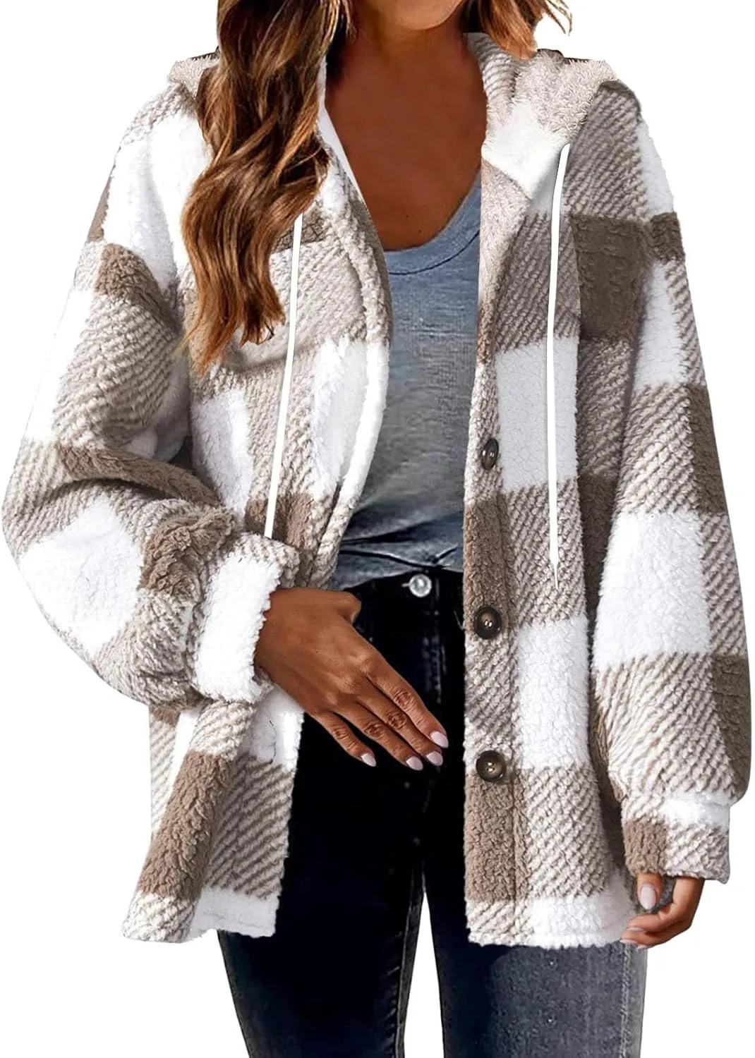 Sherpa Shacket Jackets for Women Winter Long Sleeve Button Hoodies Oversized Fuzzy Fleece Plaid Coat Outdoor Outerwear