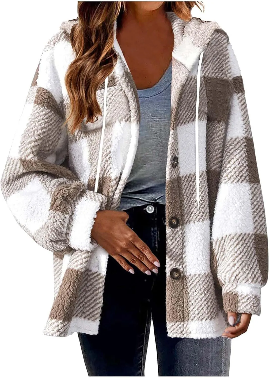 Sherpa Shacket Jackets for Women Winter Long Sleeve Button Hoodies Oversized Fuzzy Fleece Plaid Coat Outdoor Outerwear