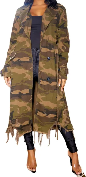 SHINFY Womens Camouflage Long Trench Coat Army Fatigue Distressed Windproof Denim Camo Jacket Overcoat with Belt