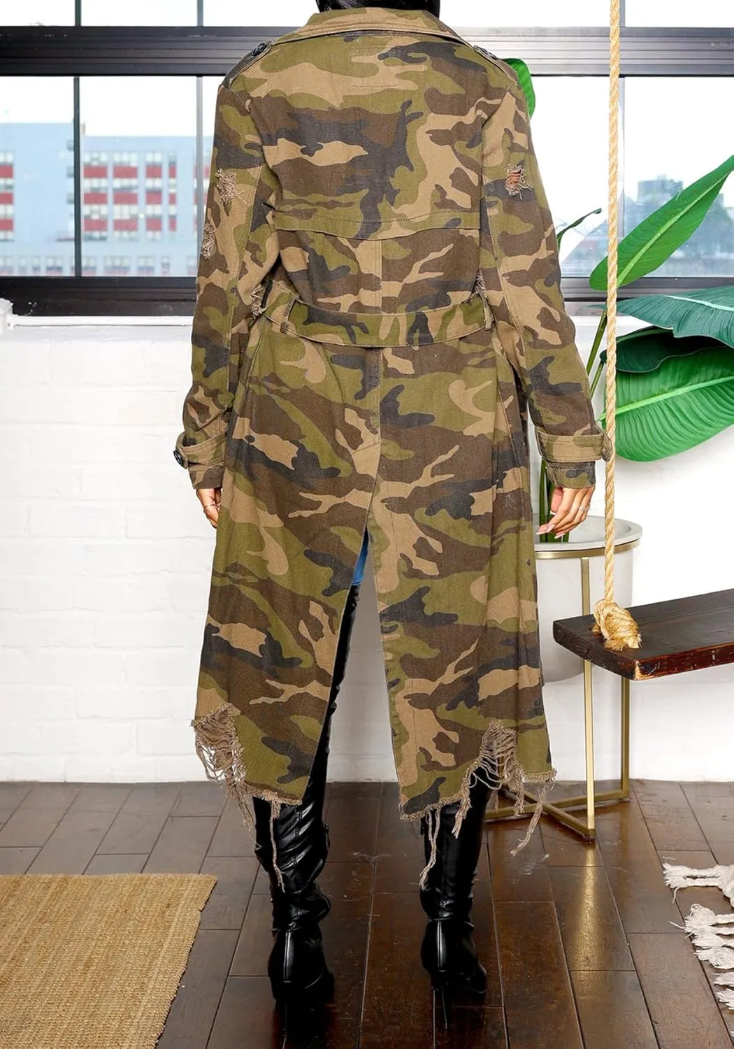 SHINFY Womens Camouflage Long Trench Coat Army Fatigue Distressed Windproof Denim Camo Jacket Overcoat with Belt