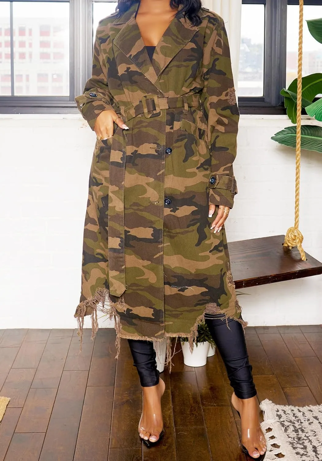 SHINFY Womens Camouflage Long Trench Coat Army Fatigue Distressed Windproof Denim Camo Jacket Overcoat with Belt