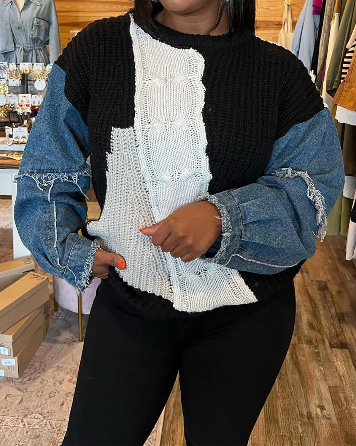 SHINFY Womens Sweaters Fall Cable Knit Color Block Long Sleeve Denim Patchwork Pullover Crochet Sweater Tops
