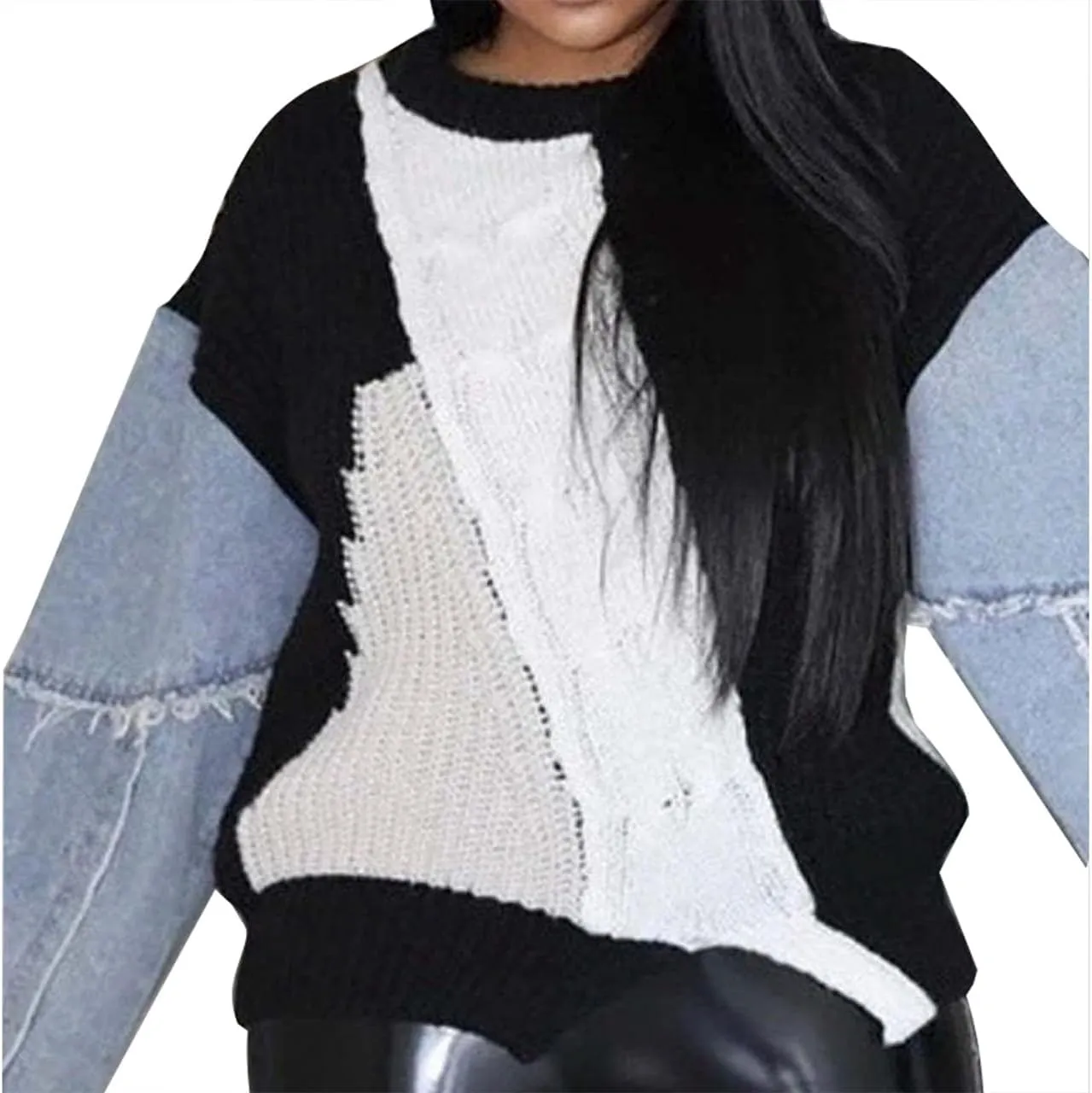SHINFY Womens Sweaters Fall Cable Knit Color Block Long Sleeve Denim Patchwork Pullover Crochet Sweater Tops