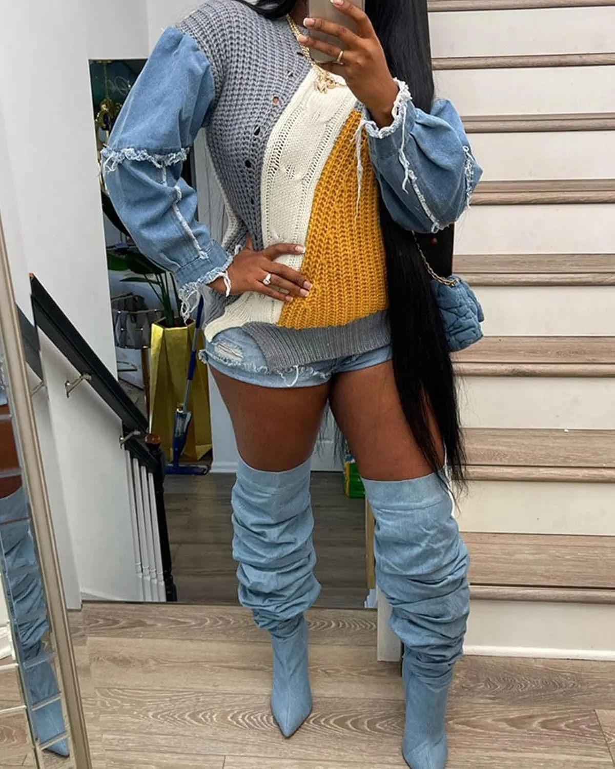 SHINFY Womens Sweaters Fall Cable Knit Color Block Long Sleeve Denim Patchwork Pullover Crochet Sweater Tops