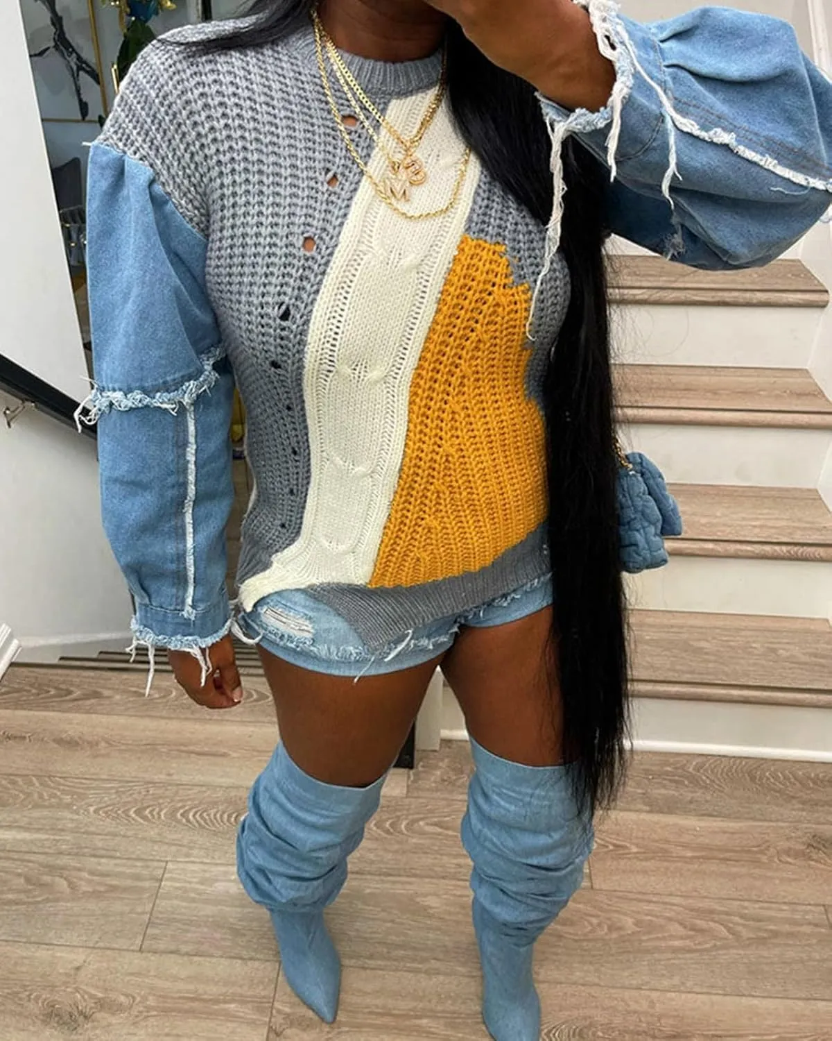SHINFY Womens Sweaters Fall Cable Knit Color Block Long Sleeve Denim Patchwork Pullover Crochet Sweater Tops