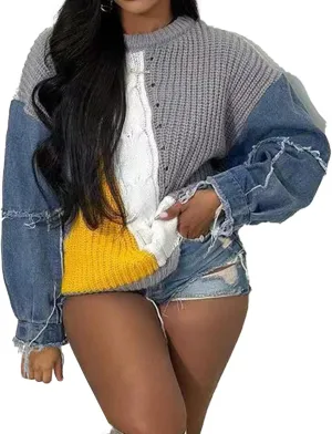 SHINFY Womens Sweaters Fall Cable Knit Color Block Long Sleeve Denim Patchwork Pullover Crochet Sweater Tops