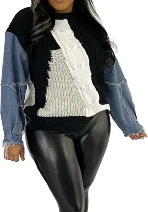 SHINFY Womens Sweaters Fall Cable Knit Color Block Long Sleeve Denim Patchwork Pullover Crochet Sweater Tops