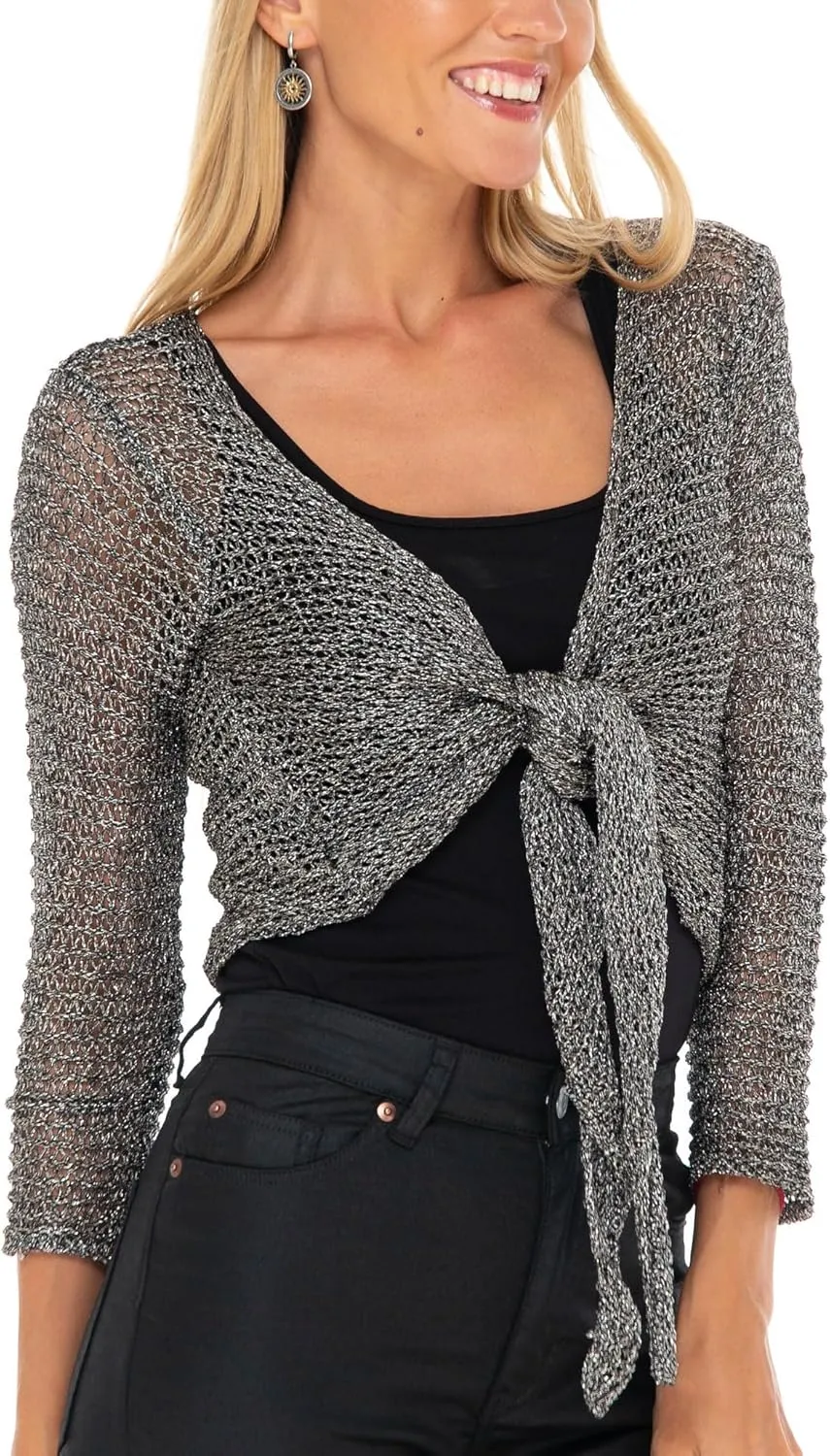 SHU-SHI Womens Cropped Sheer Shrug Tie Top Open Front Cardigan Knit Sweater