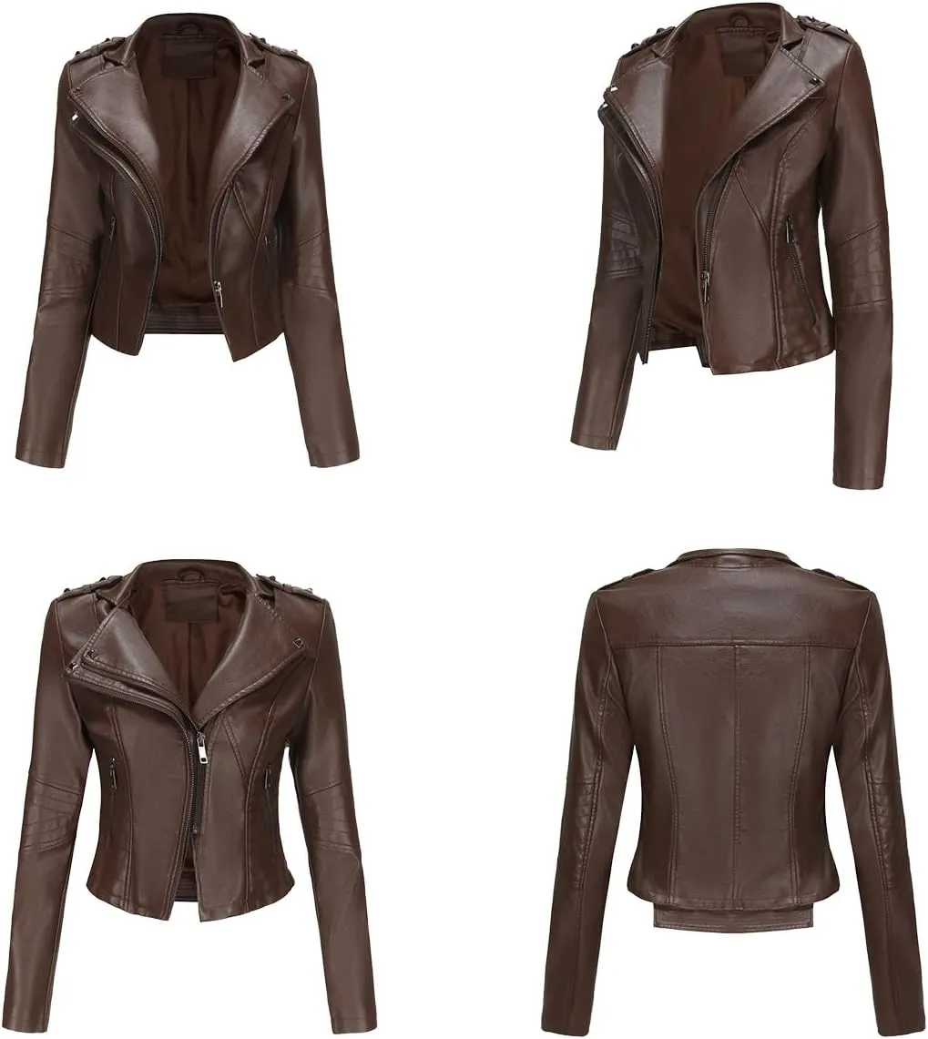 Sister Amy Women PU Leather Jacket Women Bomber Jacket Cropped Zipper Jacket Moto Coat