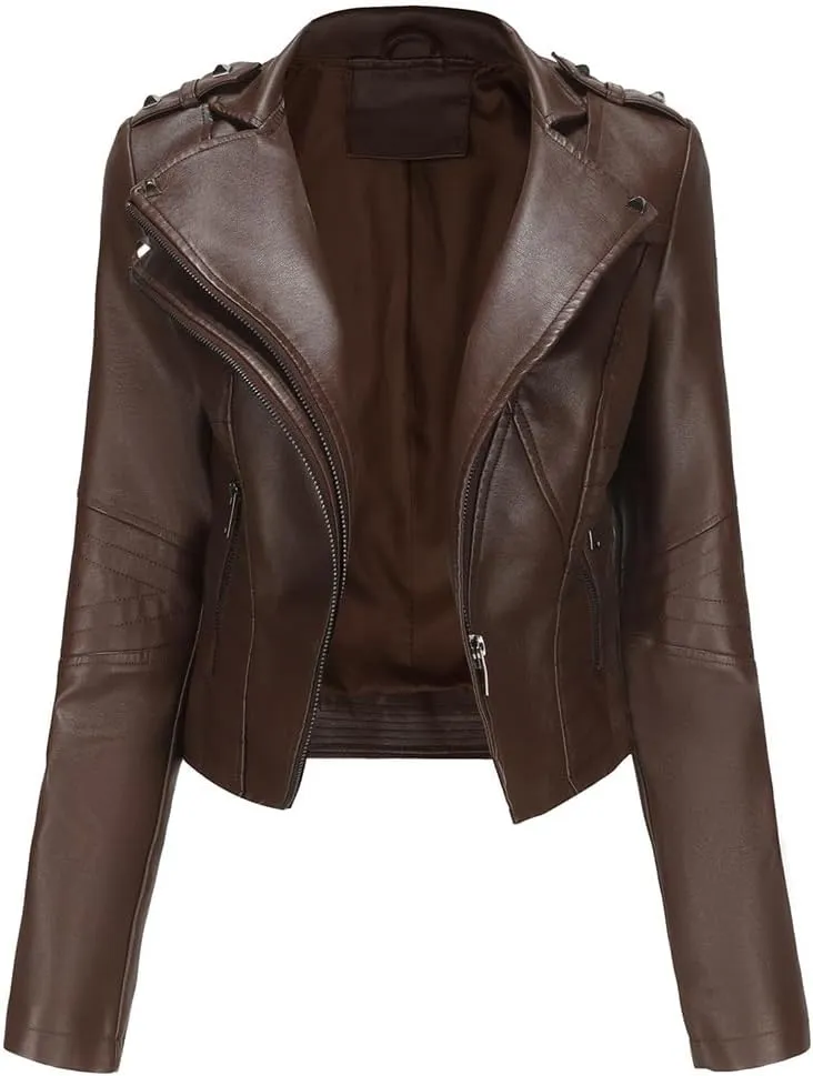 Sister Amy Women PU Leather Jacket Women Bomber Jacket Cropped Zipper Jacket Moto Coat