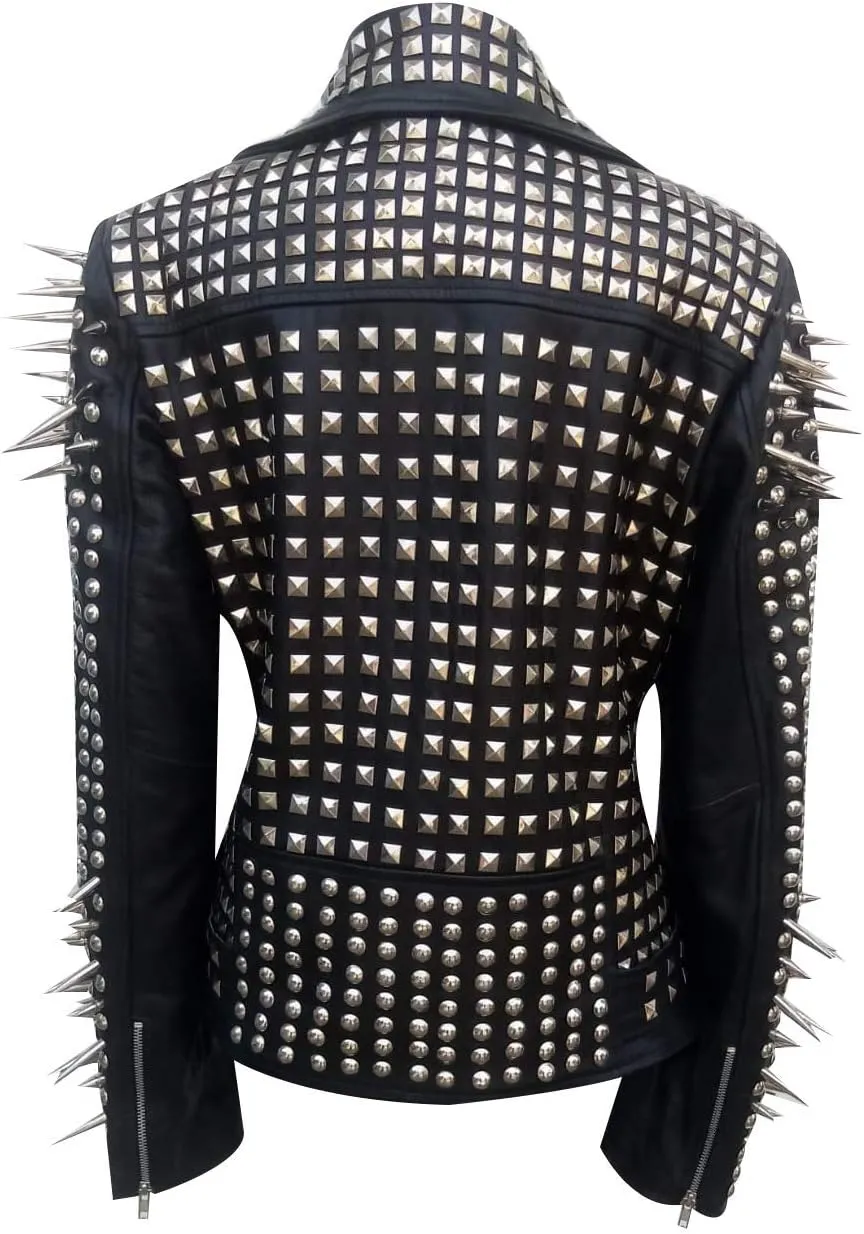SKY-SELLER Women's Metal Spikes Brando Motorcycle Slim Fit Genuine Leather Coat - Biker Black Studded Leather Jacket