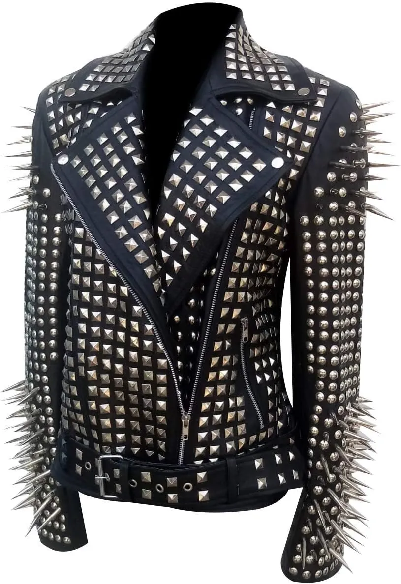 SKY-SELLER Women's Metal Spikes Brando Motorcycle Slim Fit Genuine Leather Coat - Biker Black Studded Leather Jacket