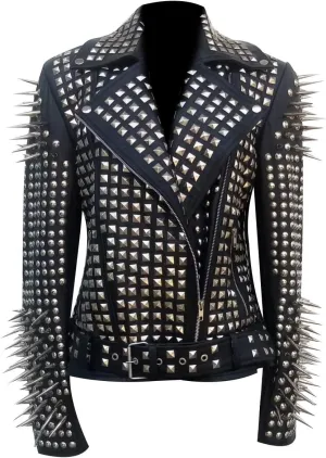 SKY-SELLER Women's Metal Spikes Brando Motorcycle Slim Fit Genuine Leather Coat - Biker Black Studded Leather Jacket
