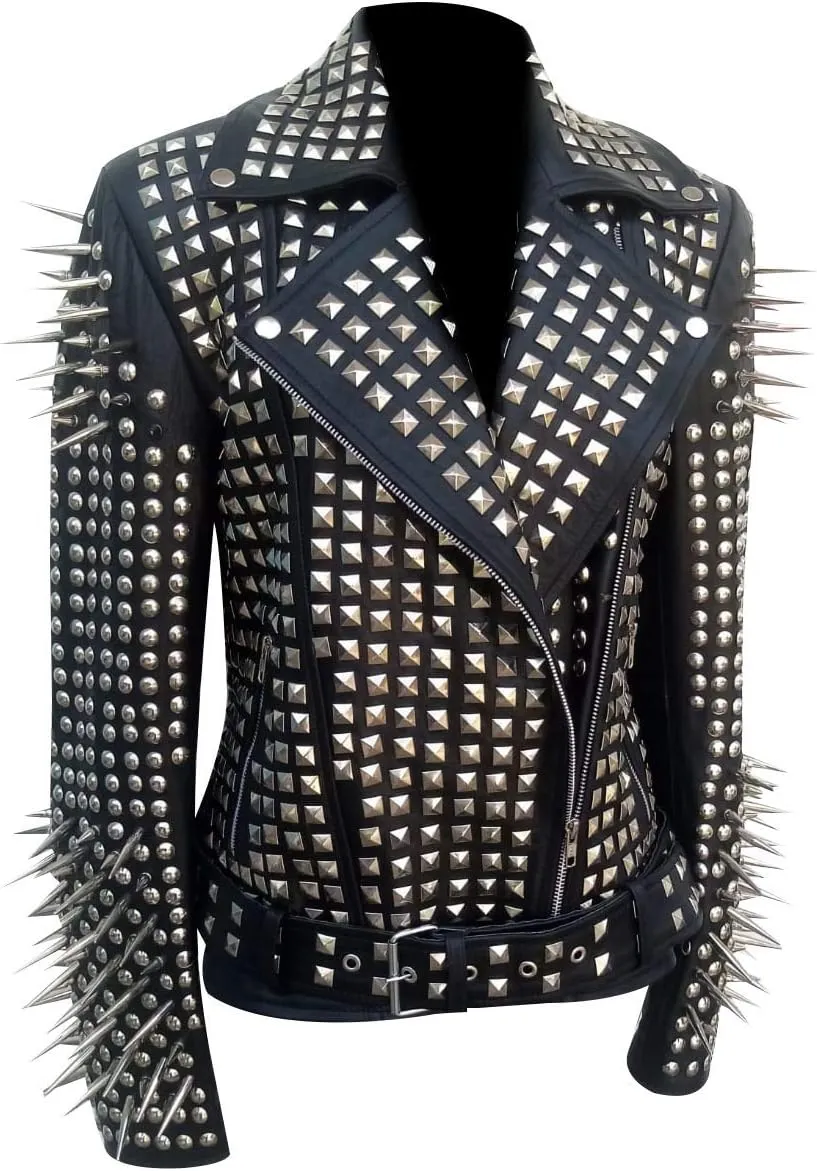 SKY-SELLER Women's Metal Spikes Brando Motorcycle Slim Fit Genuine Leather Coat - Biker Black Studded Leather Jacket