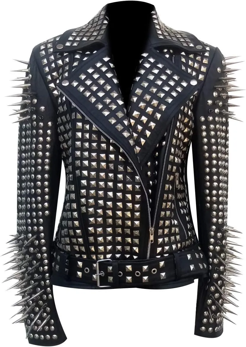 SKY-SELLER Women's Metal Spikes Brando Motorcycle Slim Fit Genuine Leather Coat - Biker Black Studded Leather Jacket