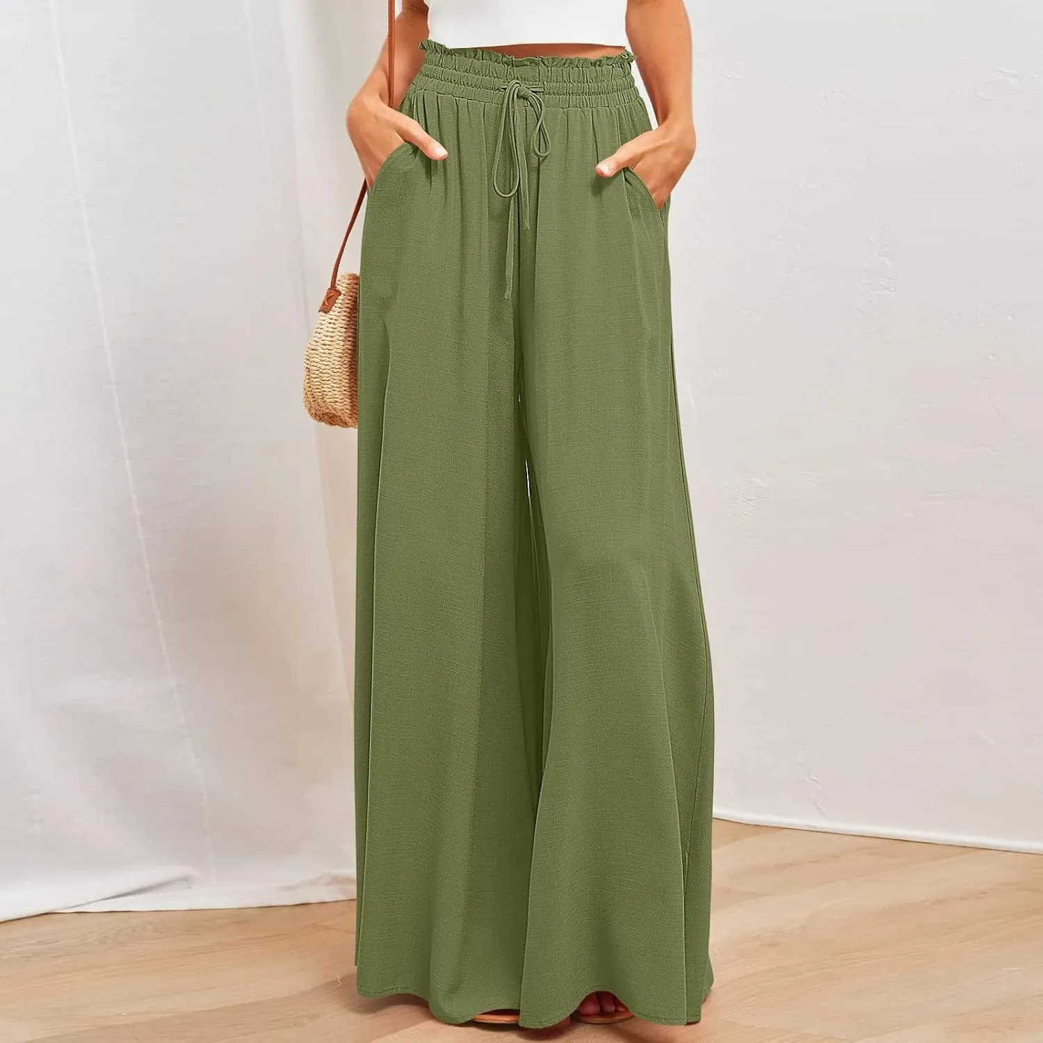 SMIDOW Palazzo Pants for Women Dressy Casual 2024 High Waist Wide Leg Flowy Pants Loose Long Lounge Trousers