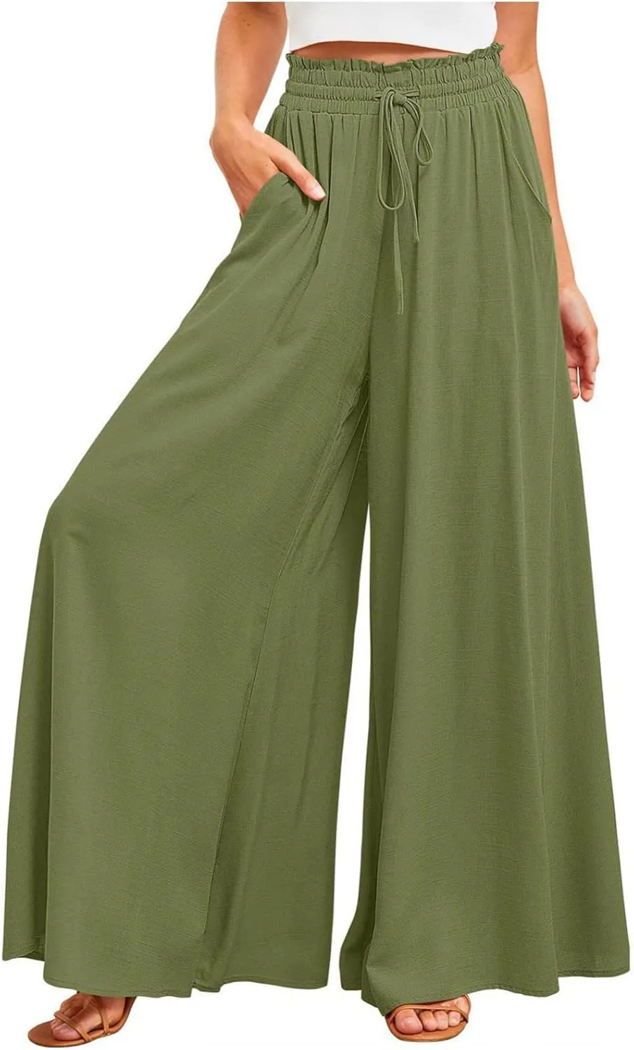 SMIDOW Palazzo Pants for Women Dressy Casual 2024 High Waist Wide Leg Flowy Pants Loose Long Lounge Trousers