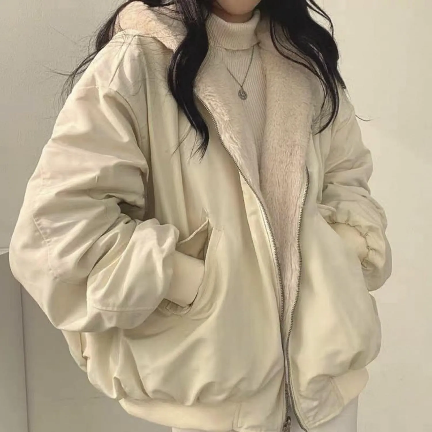 Smoneyful Womens Fleece Jackets Plus Size Hooded Reversible Sherpa Jacket Thicken Warm Winter Coat Baggy Cotton-Padded Jacket