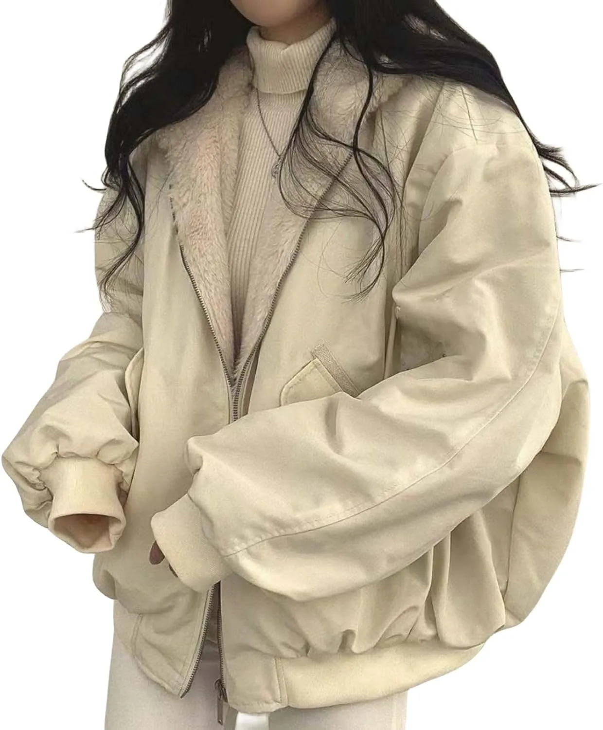 Smoneyful Womens Fleece Jackets Plus Size Hooded Reversible Sherpa Jacket Thicken Warm Winter Coat Baggy Cotton-Padded Jacket