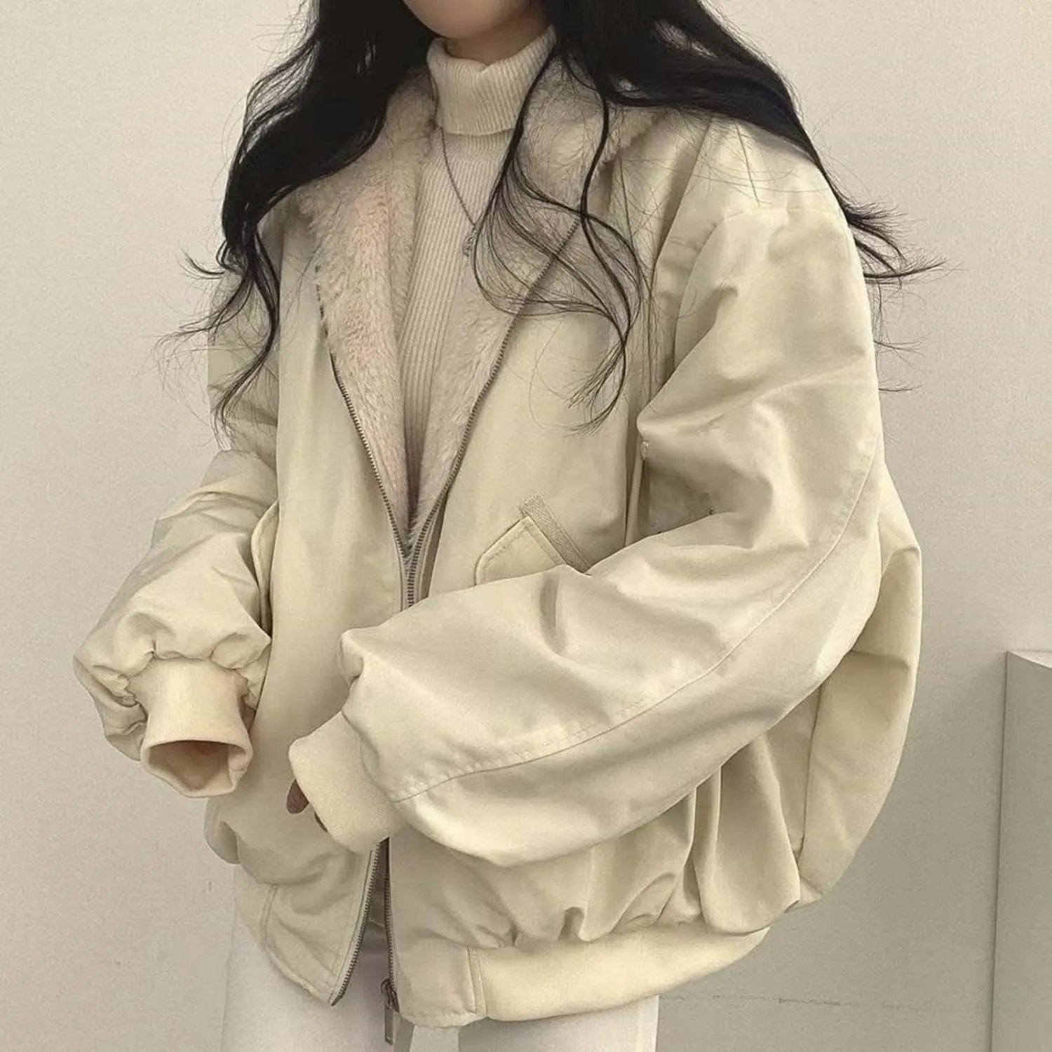 Smoneyful Womens Fleece Jackets Plus Size Hooded Reversible Sherpa Jacket Thicken Warm Winter Coat Baggy Cotton-Padded Jacket