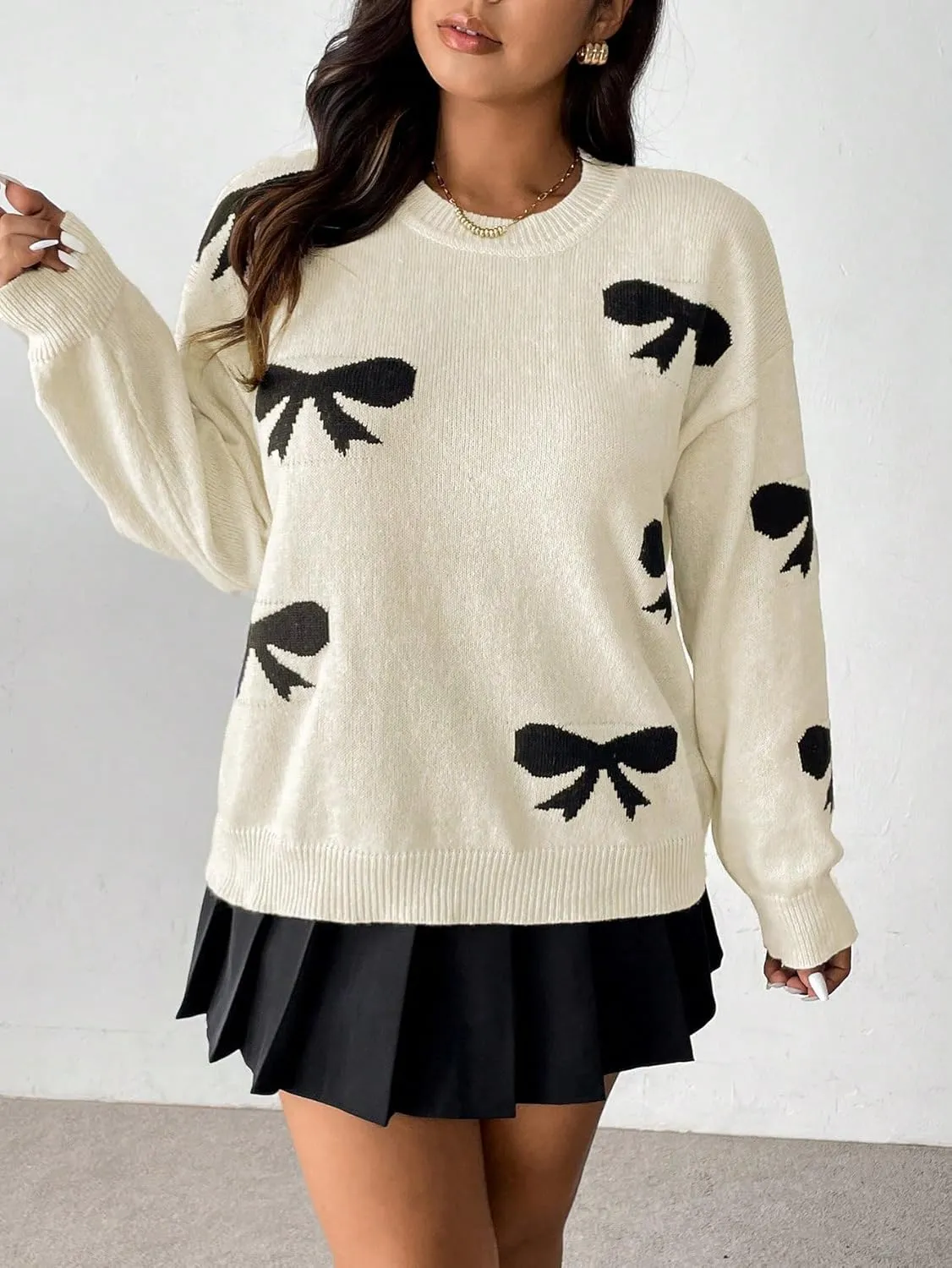 SOLY HUX Women's Plus Size Bow Sweater Y2K Ribbon Sweater with Bows for Women Trendy Knit Pullover Tops Cute Jumpers